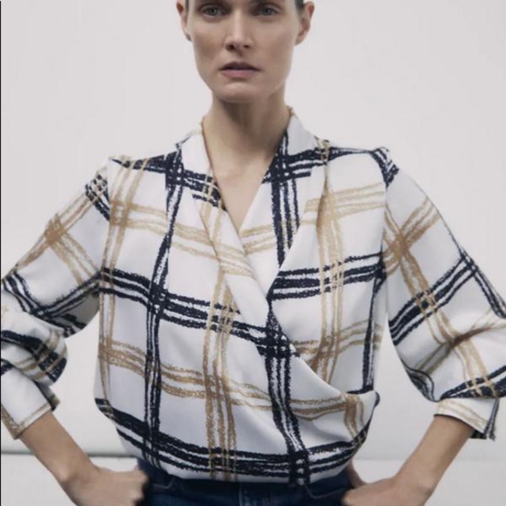 Zara Satin Effect Plaid Blouse Ecru